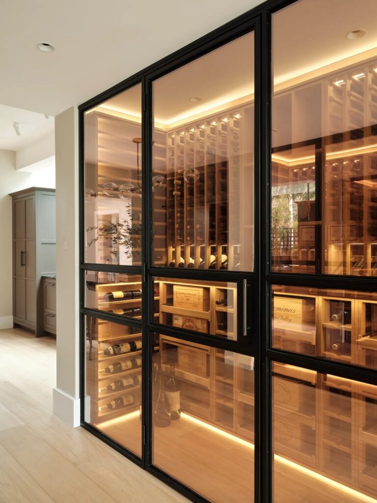 Joseph Giles Door Pull and Deadbolt in Dark Bronze — Wine Room