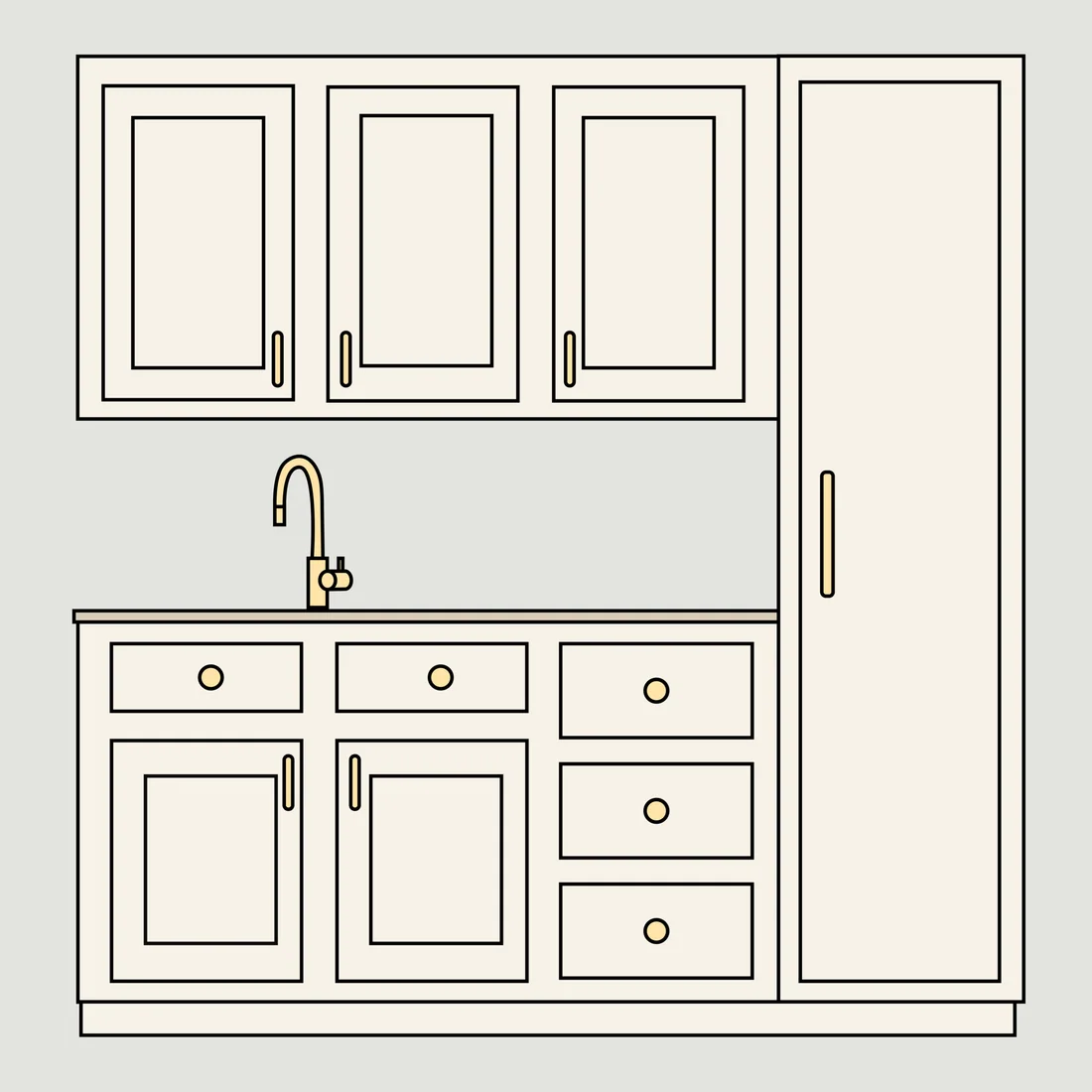 Knobs on drawers, pulls on doors