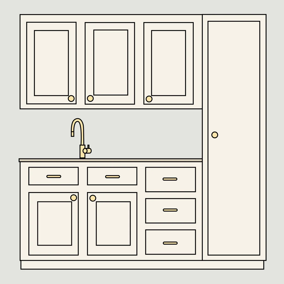 Pulls on drawers, knobs on doors